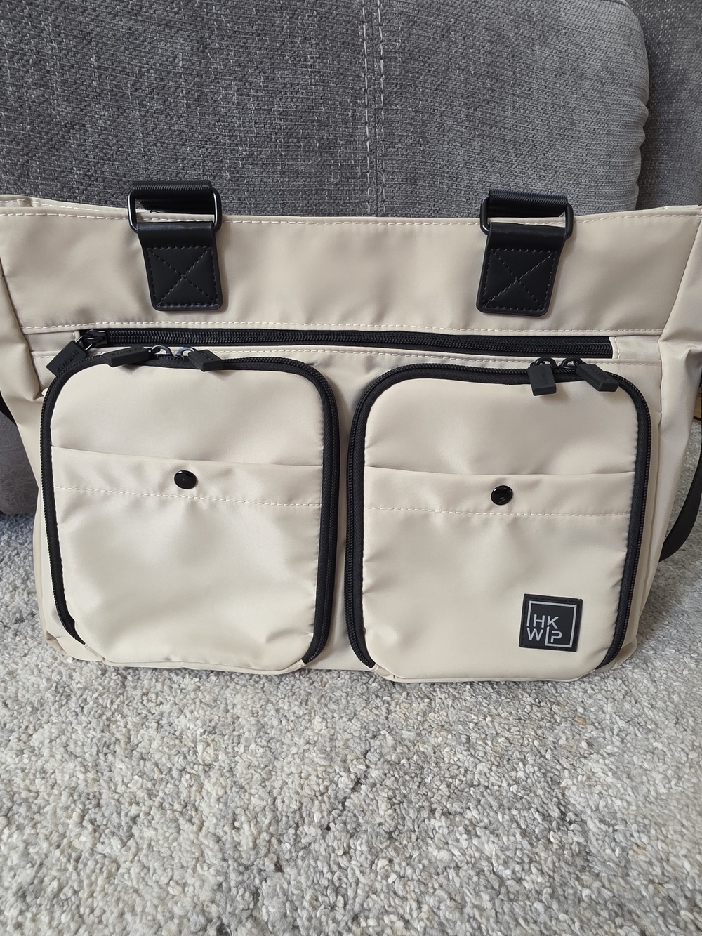 Beige Messenger Bag with Front Pockets by HKWP